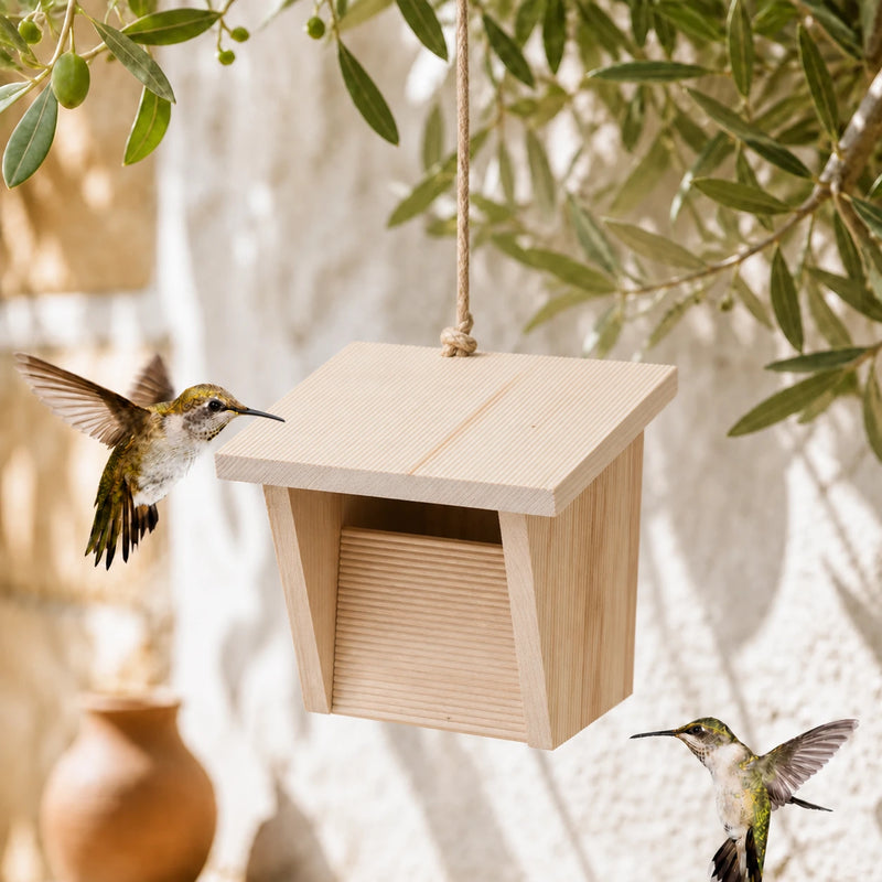 Nichoir semi-ouvert en bois clair à toit débordant