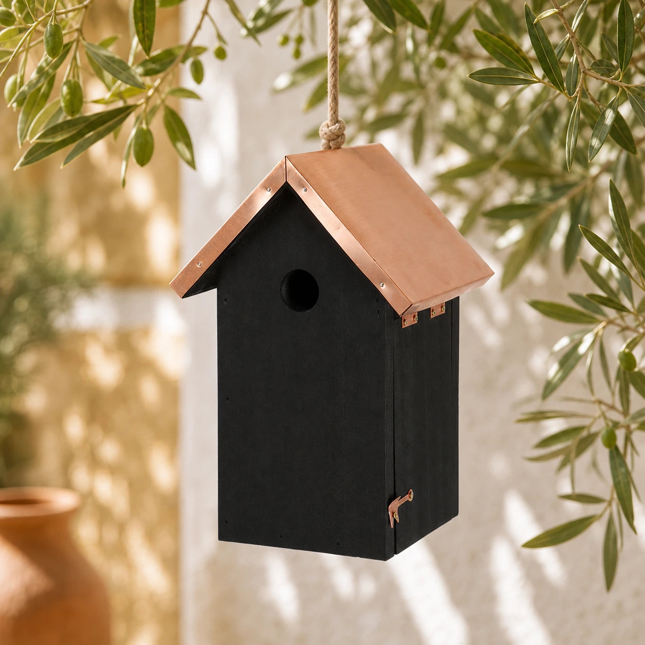 Nichoir noir à toit cuivré hauteur 26 cm