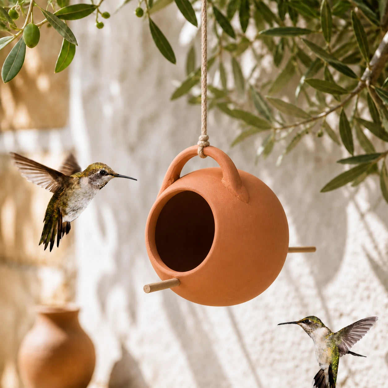 Nichoir-pot suspendu en terre cuite à large ouverture