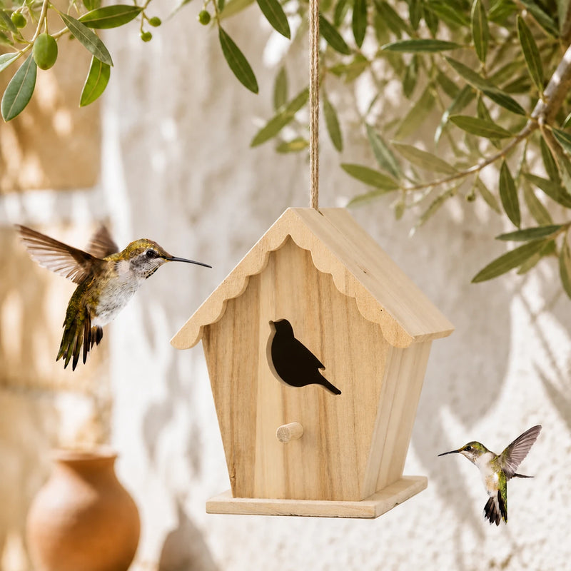 Nichoir en bois à toit festonné et façade découpée