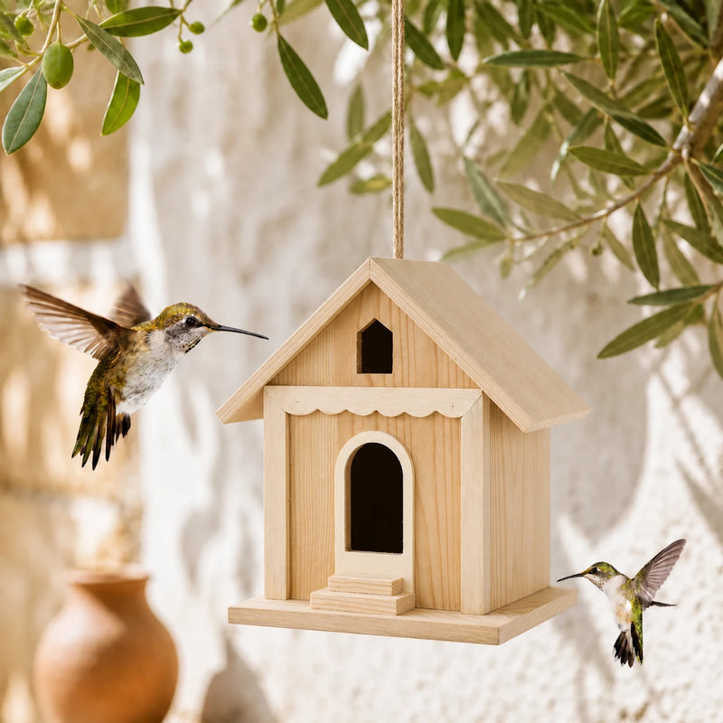 Nichoir en bois à entrée voûtée et auvent
