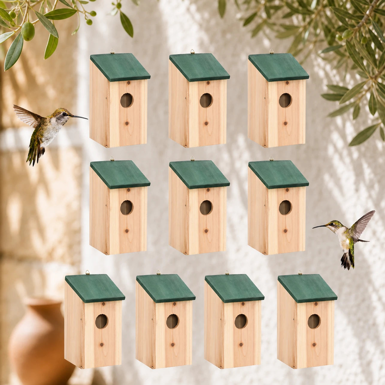 Lot de 10 nichoirs en sapin vert format 12 × 12 × 22 cm