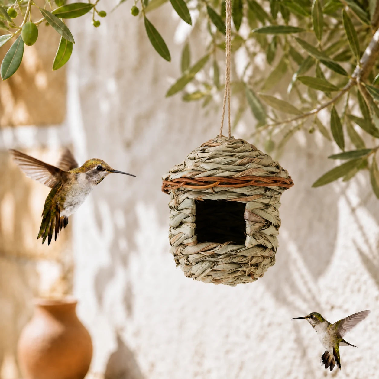 Nichoir à oiseaux tissé en herbe de roseau