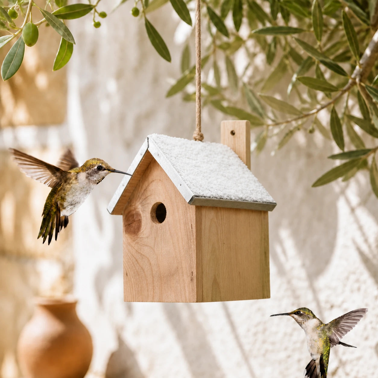 Nichoir maisonnette en bois clair à toit de zinc