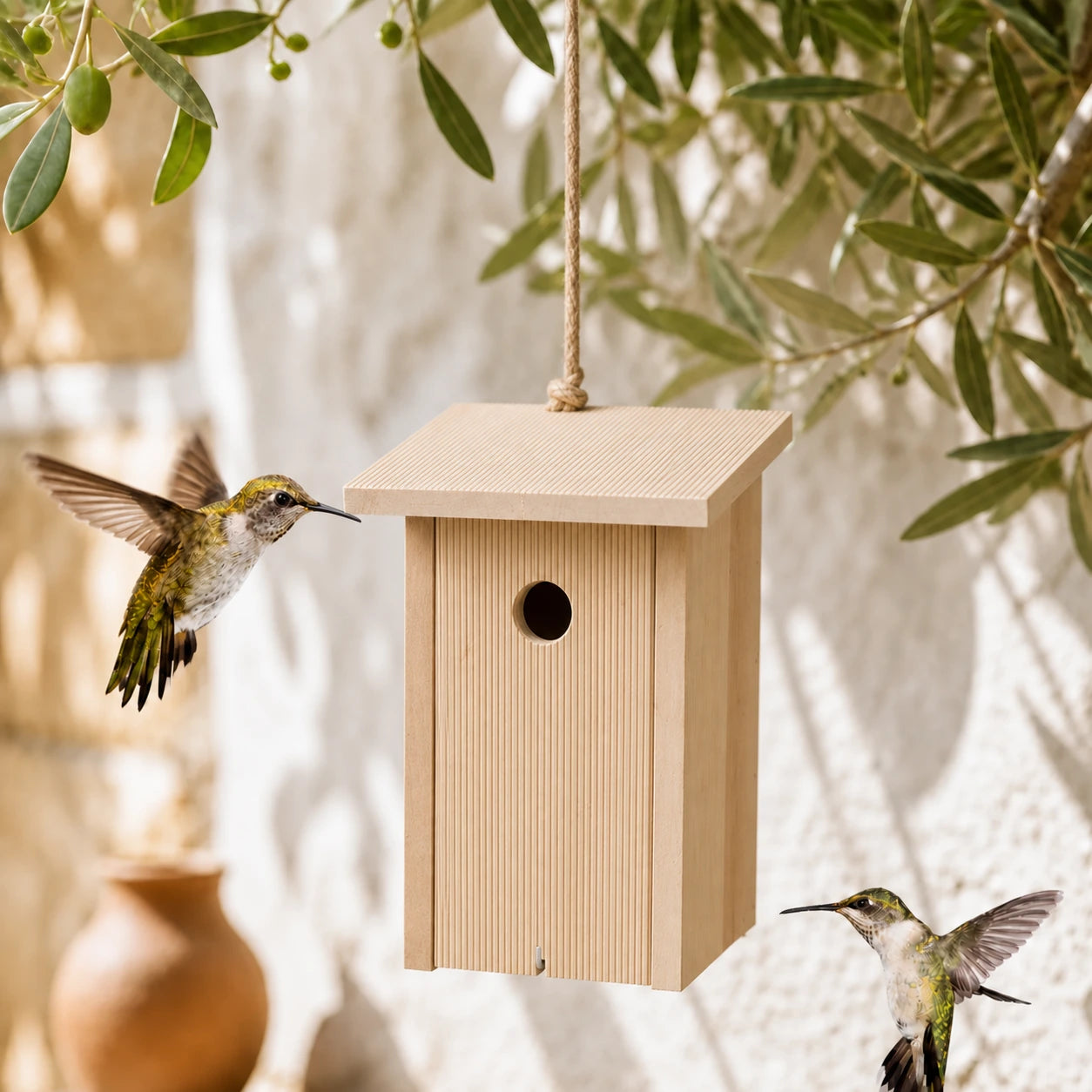 Nichoir en bois clair à façade rainurée
