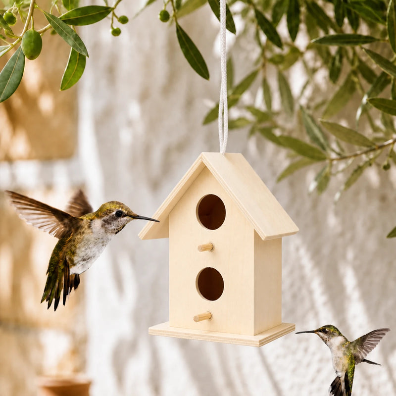 Nichoir en bois clair à deux entrées superposées