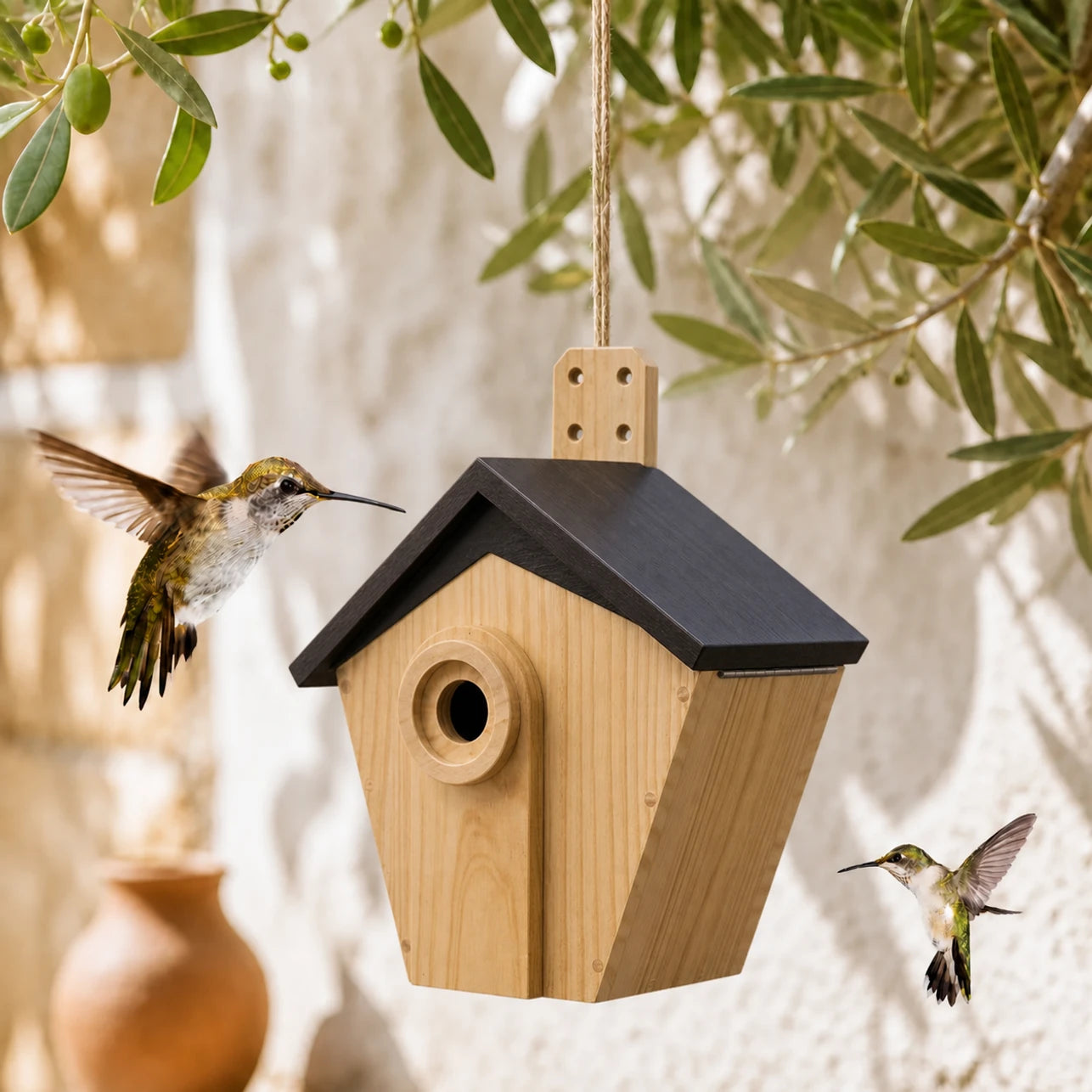 Nichoir en bois marron à toit noir et entrée renforcée
