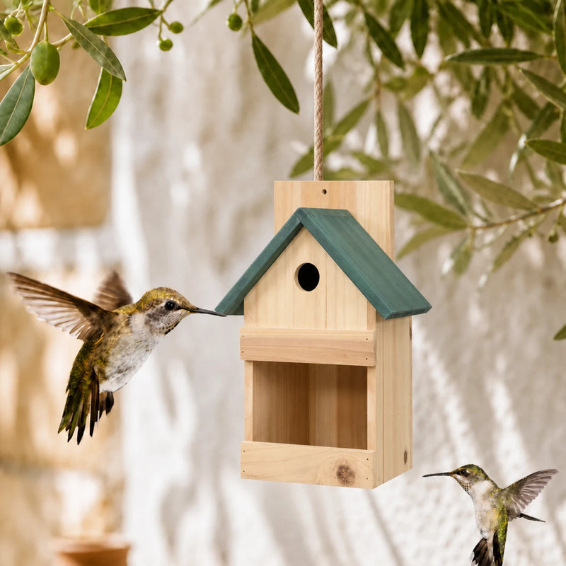 Lot de 4 nichoirs observatoire en sapin à toit vert beige format 23 × 19 × 33 cm