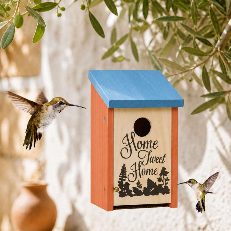 Nichoir décoratif en bois orange à toit bleu
