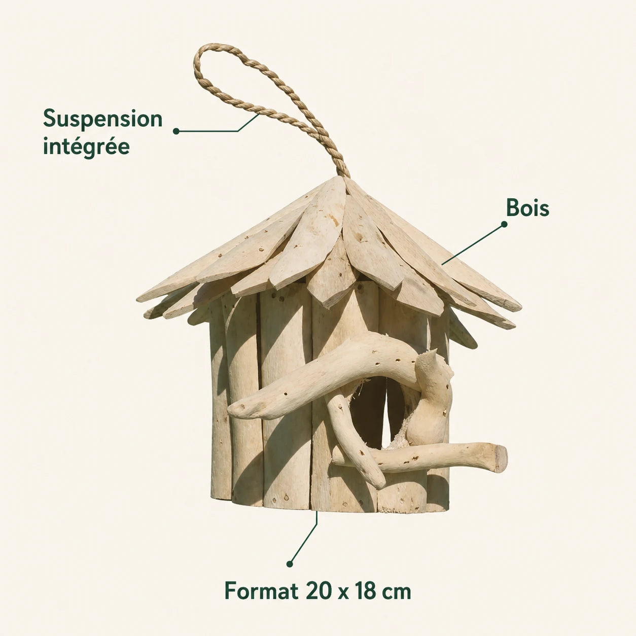 Nichoir rond en bois d'albésia 20 x 18 cm — photo 4