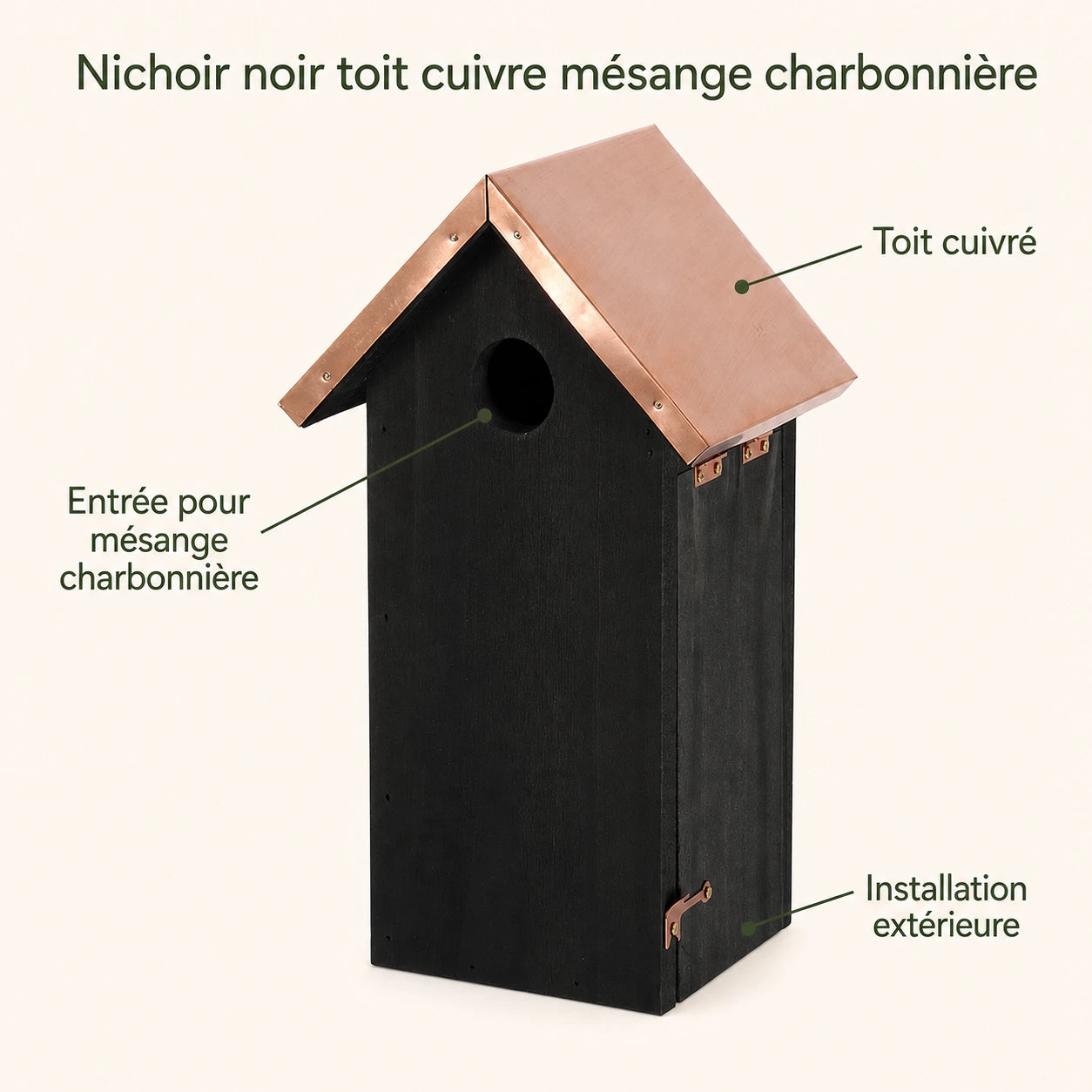Nichoir noir à toit cuivré hauteur 30 cm — photo 4