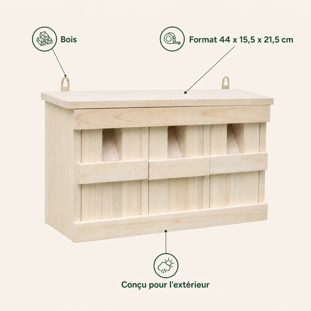 Nichoir à 3 chambres en bois naturel — photo 4