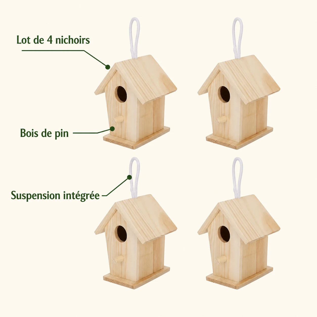 Lot de 4 nichoirs suspendus en bois clair — photo 4