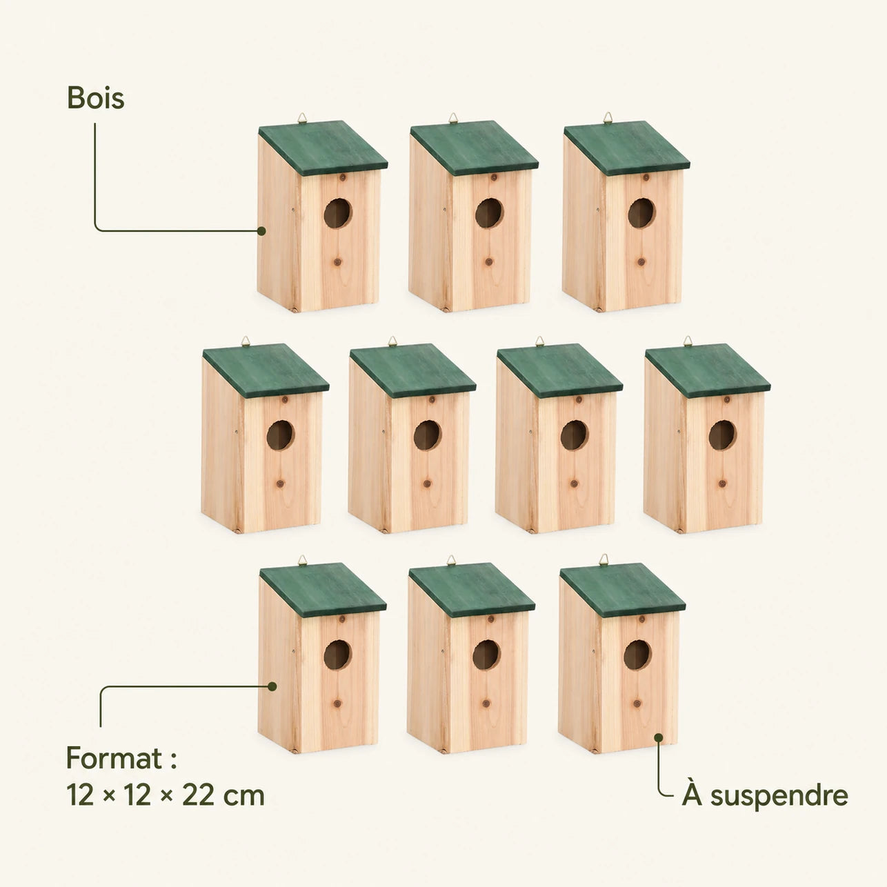Lot de 10 nichoirs en sapin vert format 12 × 12 × 22 cm — photo 4