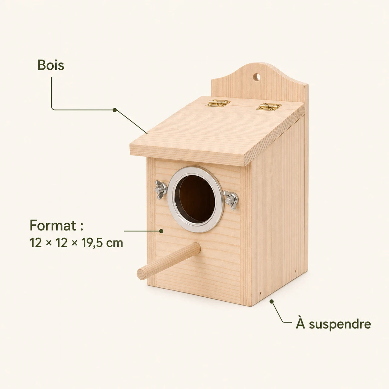 Nichoir carré en bois à cerclage métallique format 12 × 12 × 19,5 cm — photo 4