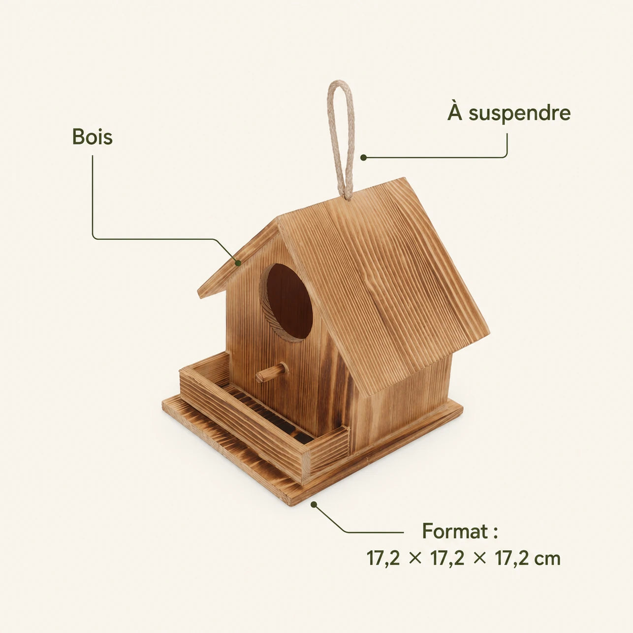 Nichoir style rustique en bois marron format 17,2 × 17,2 × 17,2 cm — photo 4
