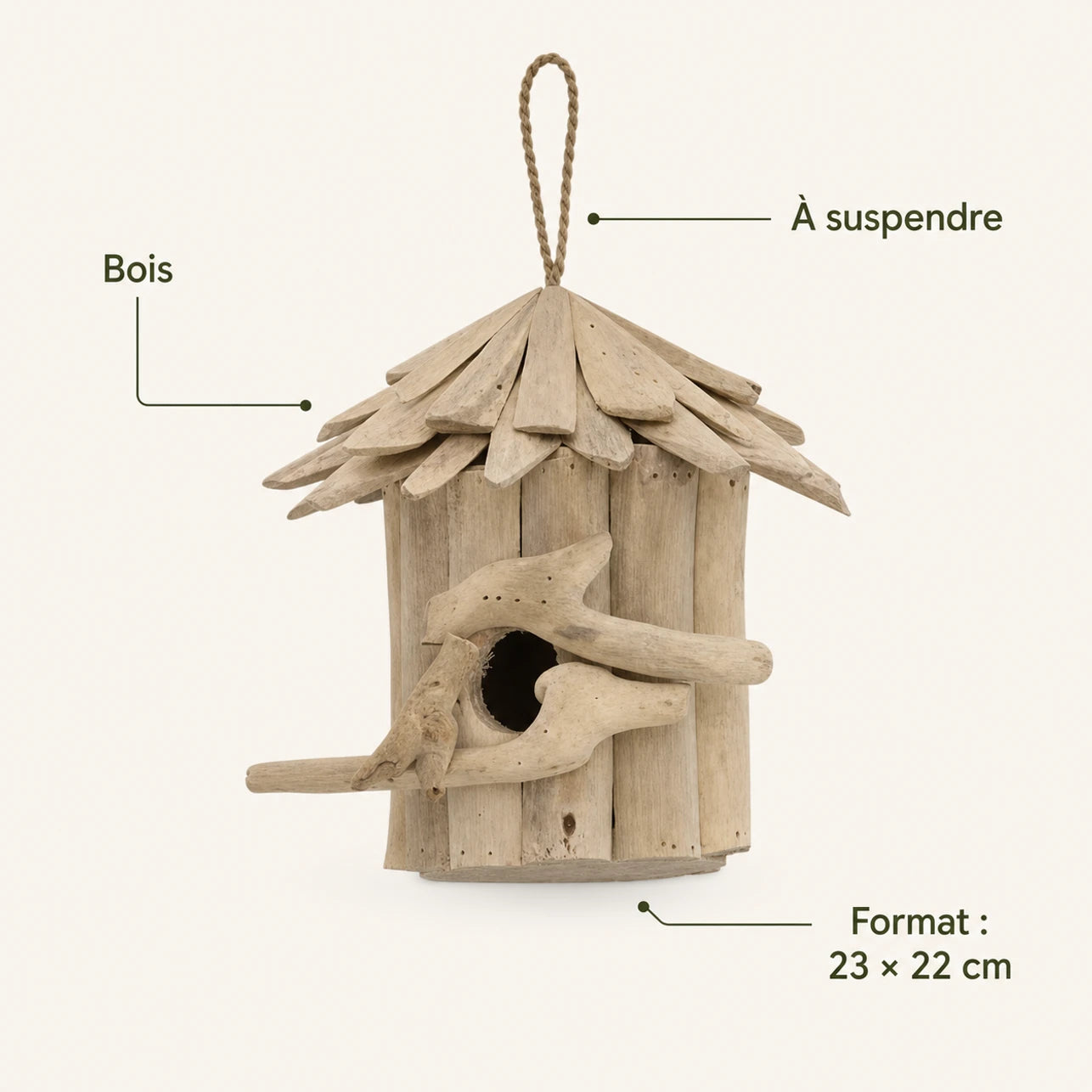 Nichoir suspendu en bois beige format 23 × 22 cm — photo 4