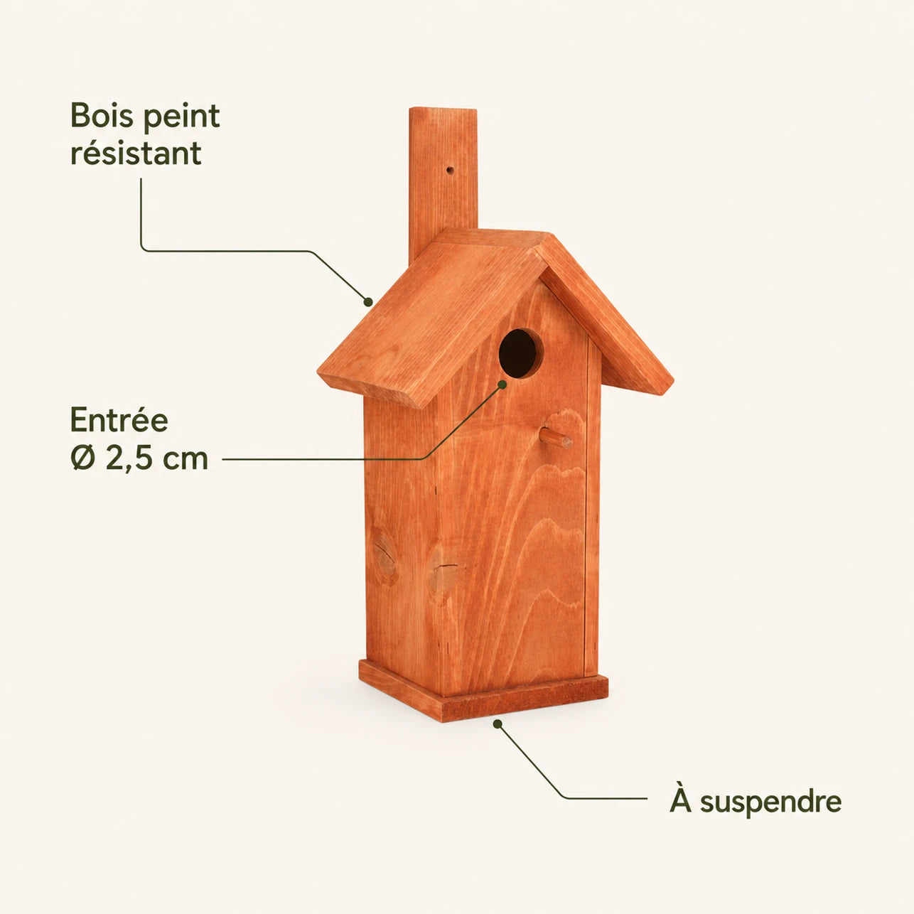 Nichoir suspendu en bois rouge format 33 × 10 cm — photo 4