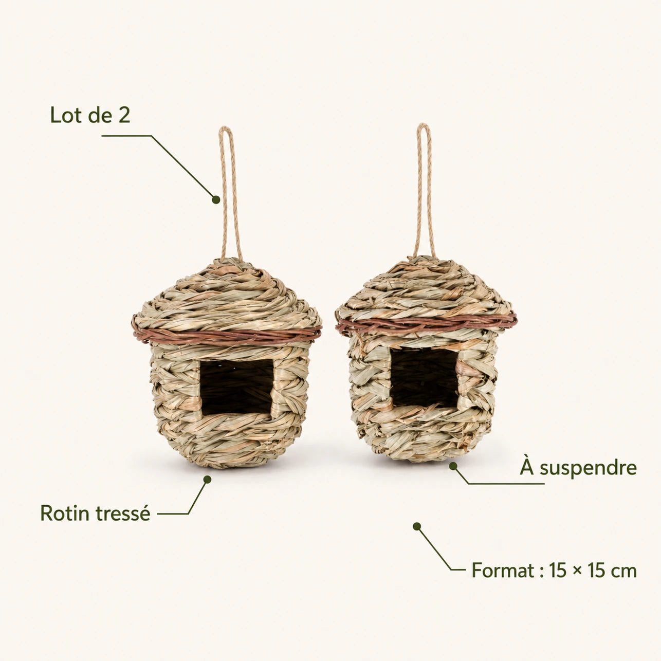 Lot de 2 nichoirs suspendu en rotin beige — photo 4