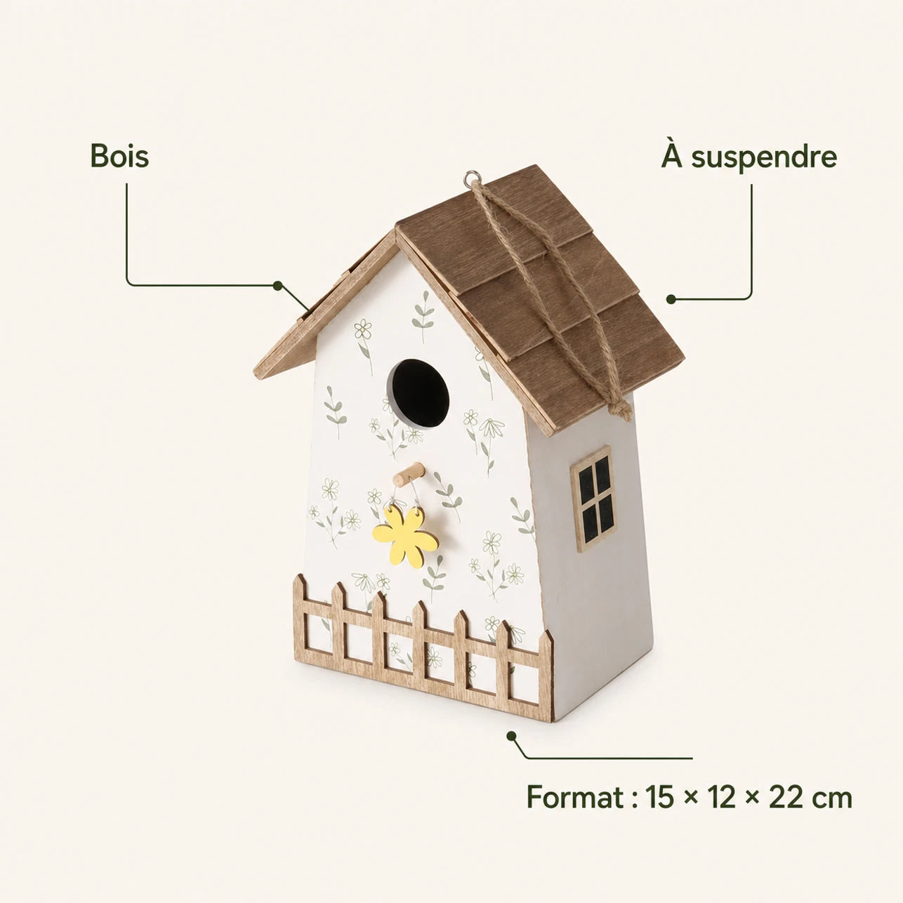 Nichoir en bois blanc format 15 × 12 × 22 cm — photo 4