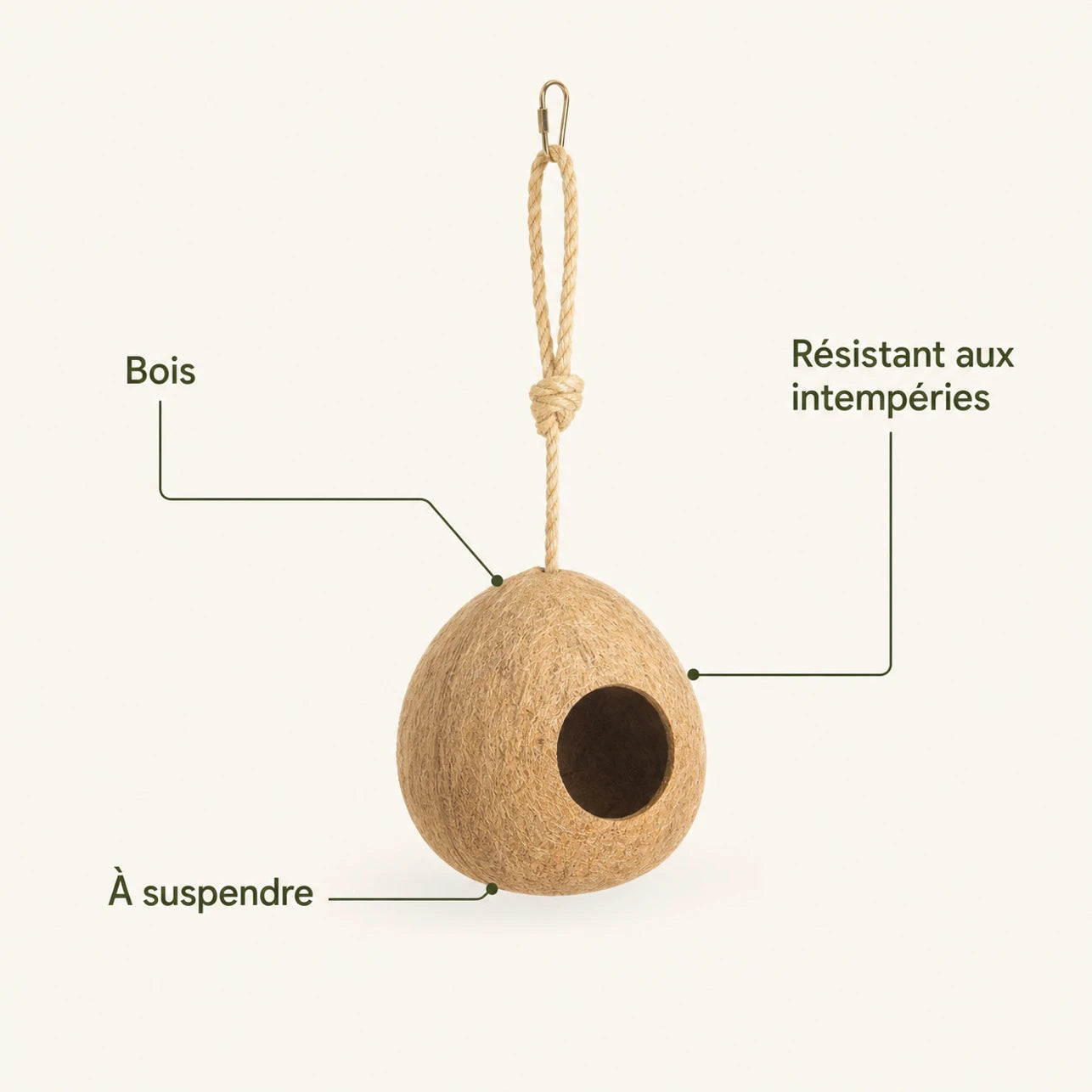 Nichoir suspendu en noix de coco à ouverture ronde — photo 4