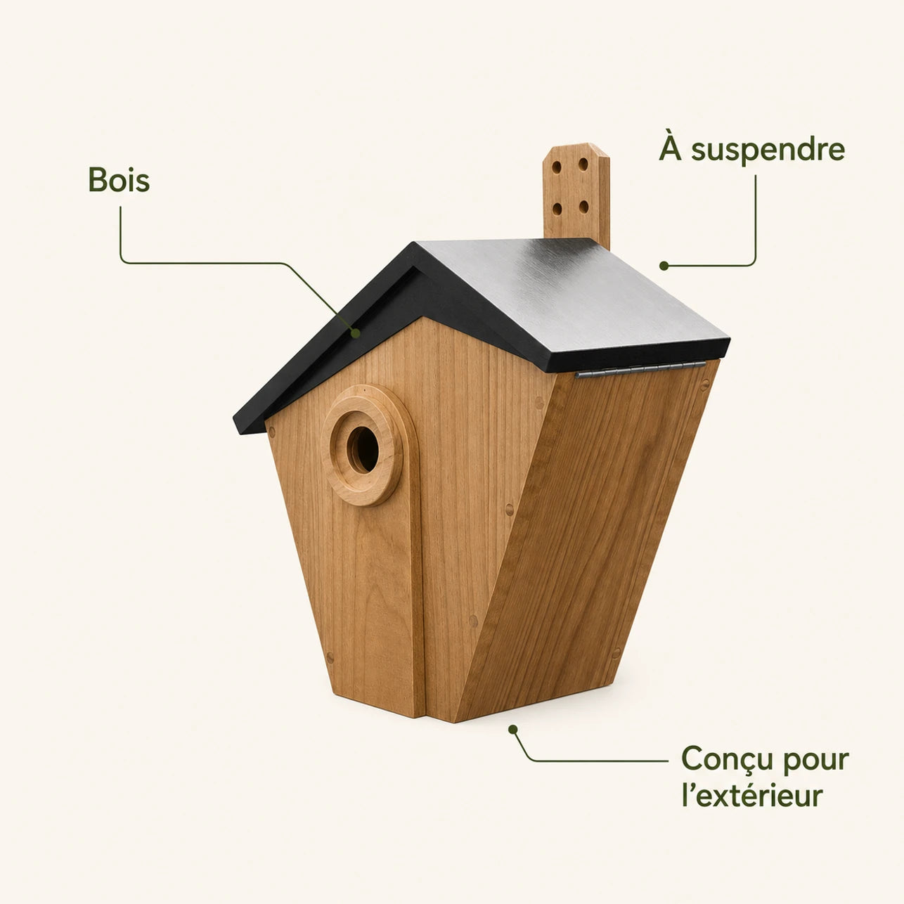 Nichoir en bois marron à toit noir et entrée renforcée — photo 4