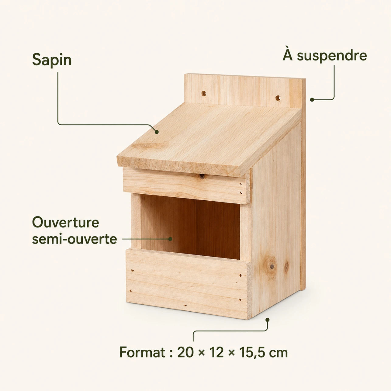 Nichoir en sapin marron format 20 × 12 × 15,5 cm — photo 4