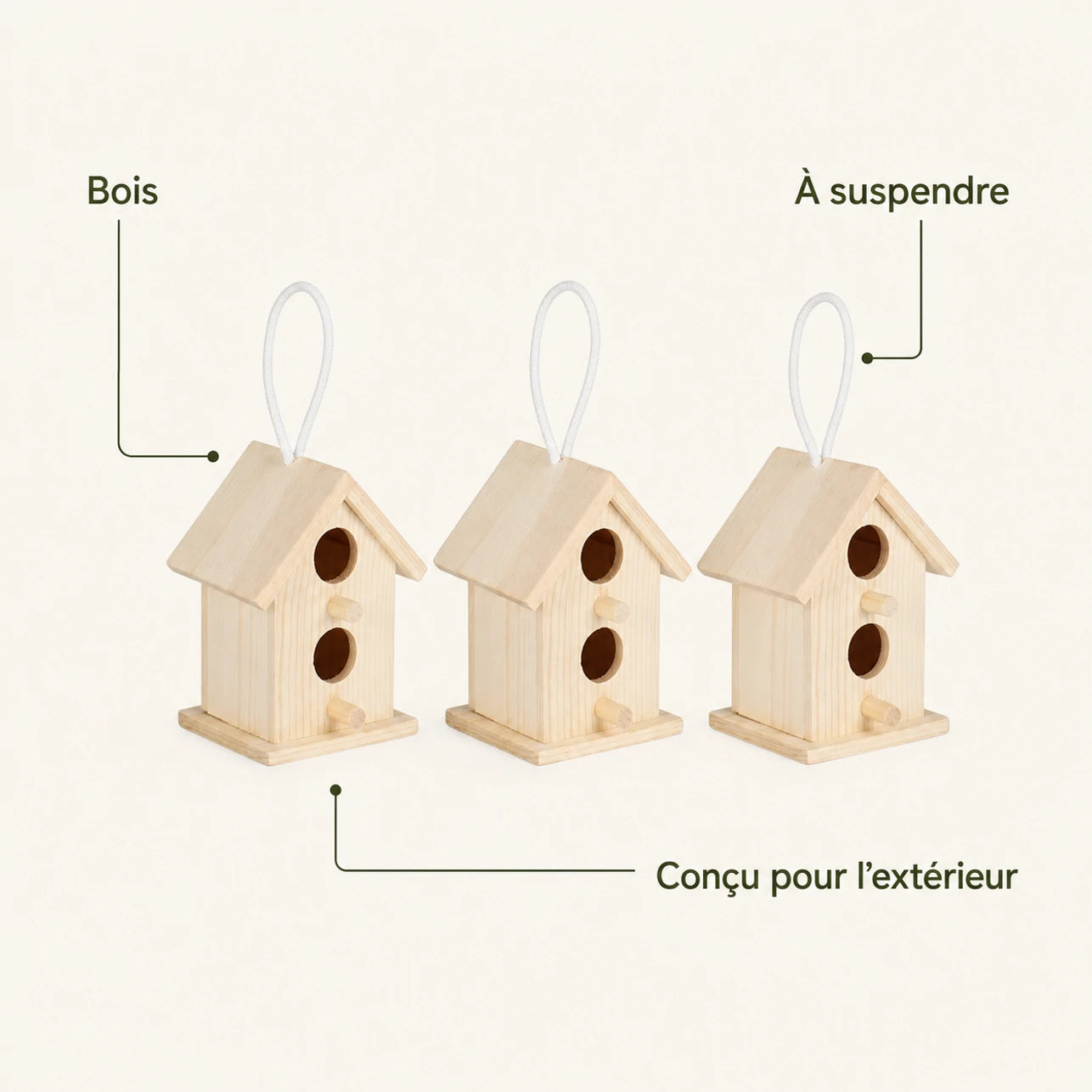 Lot de 3 nichoirs en bois beige — photo 4