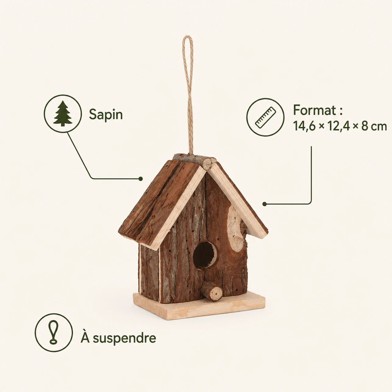 Nichoir suspendu en sapin format 14,6 × 12,4 × 8 cm — photo 4