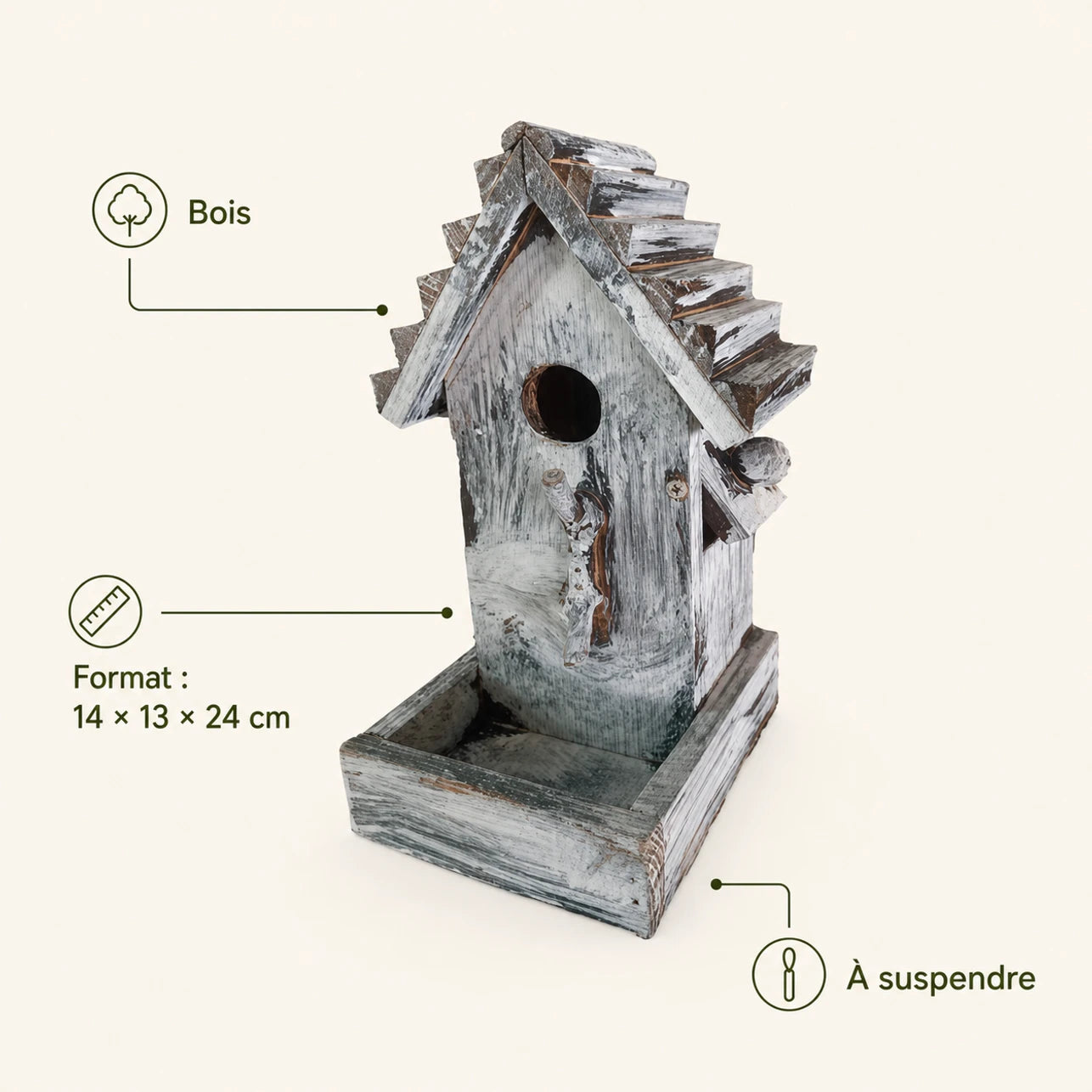 Nichoir en bois gris format 14 × 13 × 24 cm — photo 4