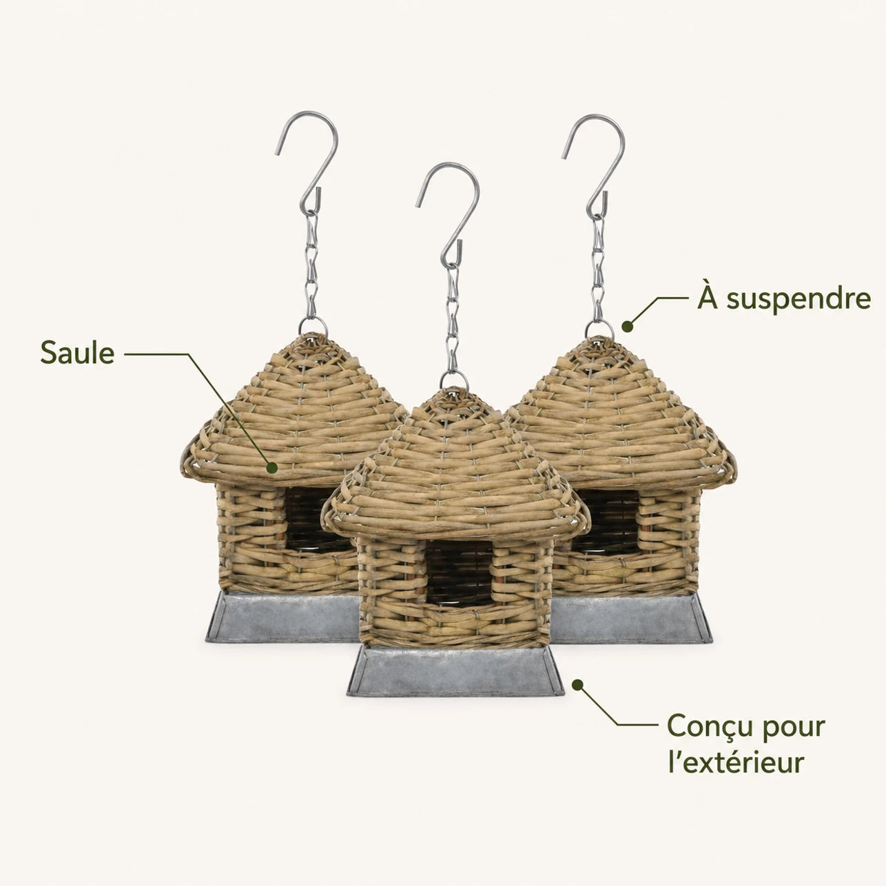 Lot de 3 nichoirs suspendus en osier à toit conique — photo 4