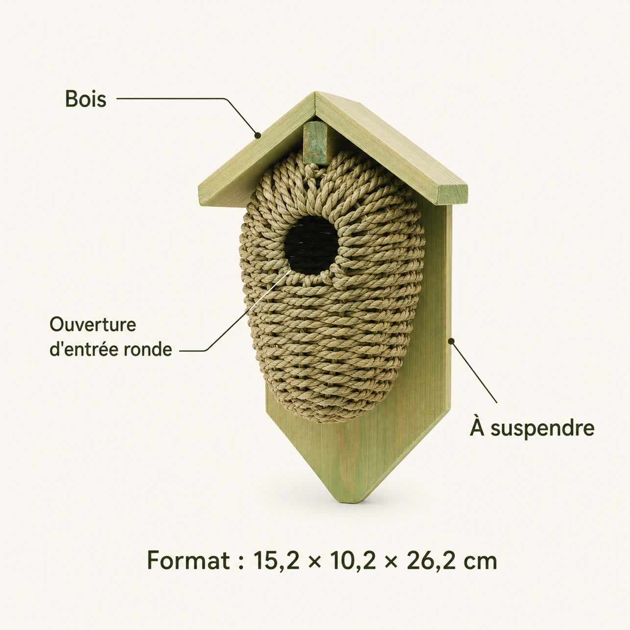 Nichoir en bois et jonc de mer vert format 15,2 × 10,2 × 26,2 cm — photo 4