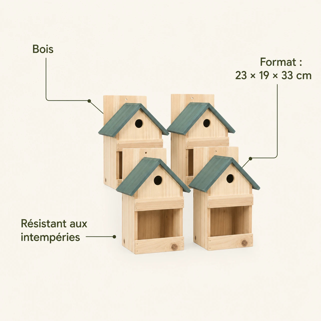 Lot de 4 nichoirs observatoire en sapin à toit vert beige format 23 × 19 × 33 cm — photo 4