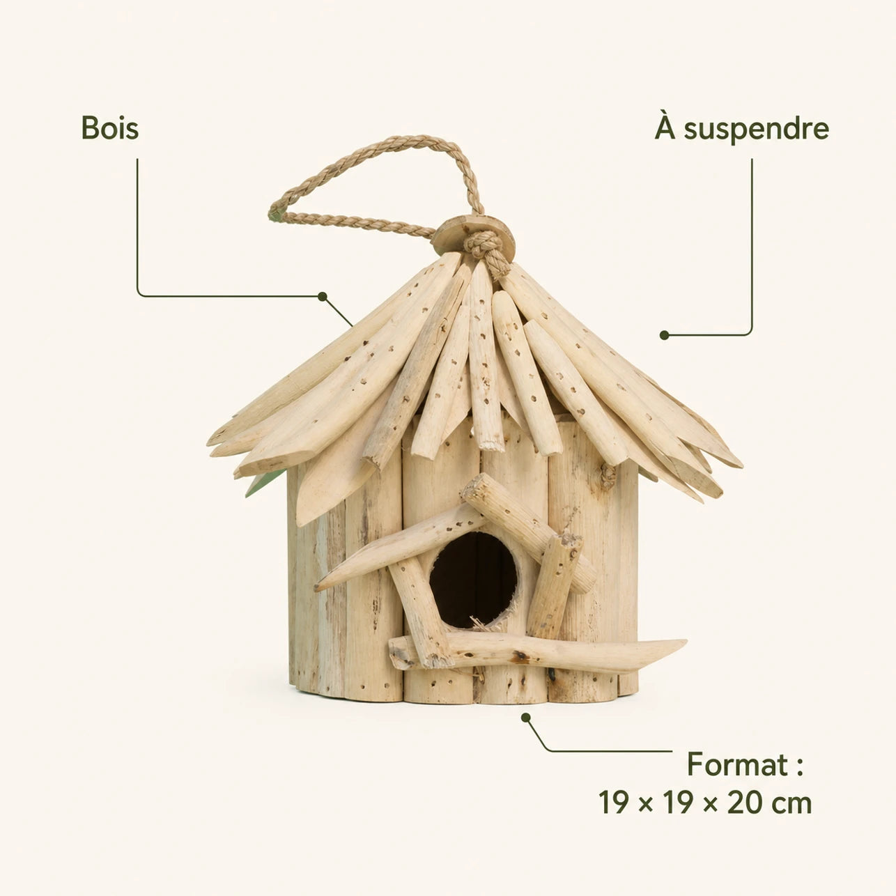 Nichoir suspendu en bois beige format 19 × 19 × 20 cm — photo 4