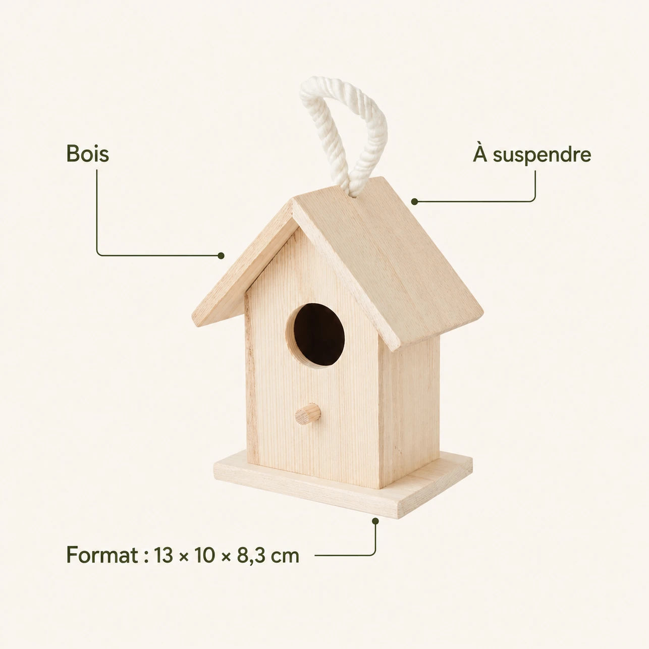 Nichoir en bois beige format 13 × 10 × 8,3 cm — photo 4
