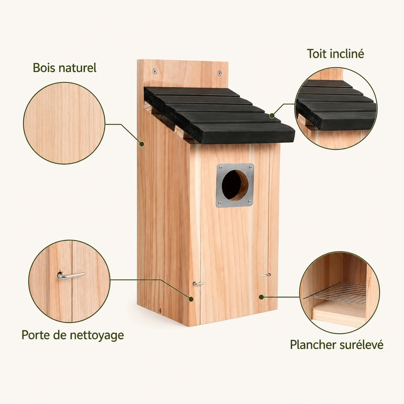 Nichoir en bois beige à toit noir et entrée métallique — photo 4
