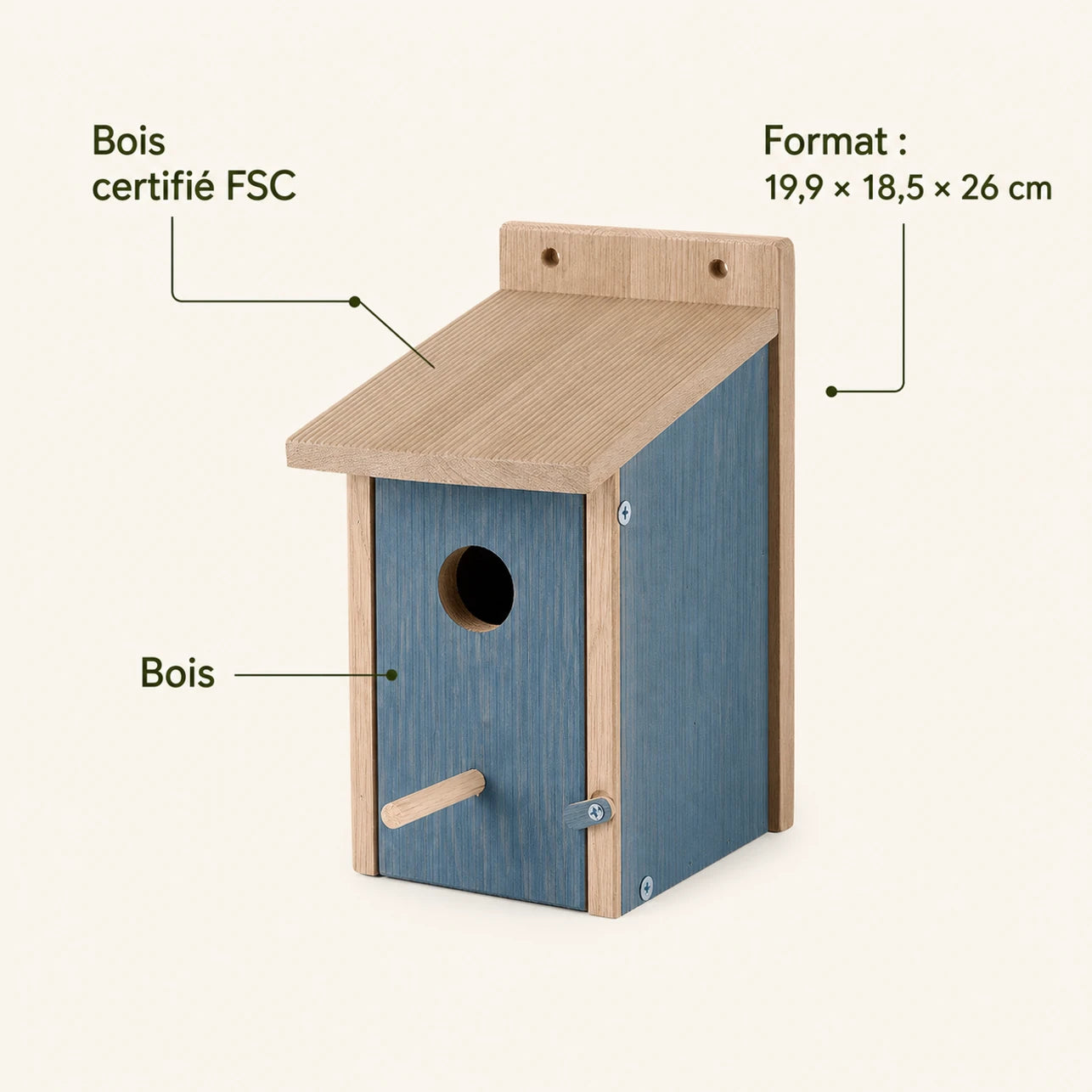 Nichoir en bois bleu format 19,9 × 18,5 × 26 cm — photo 4