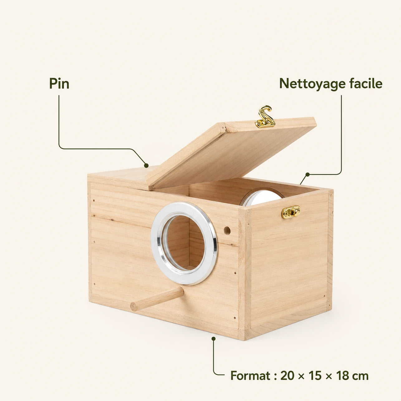 Nichoir observatoire en pin beige format 20 × 15 × 18 cm — photo 4
