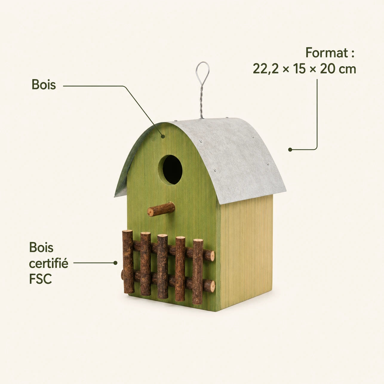 Nichoir en bois vert format 22,2 × 15 × 20 cm — photo 4