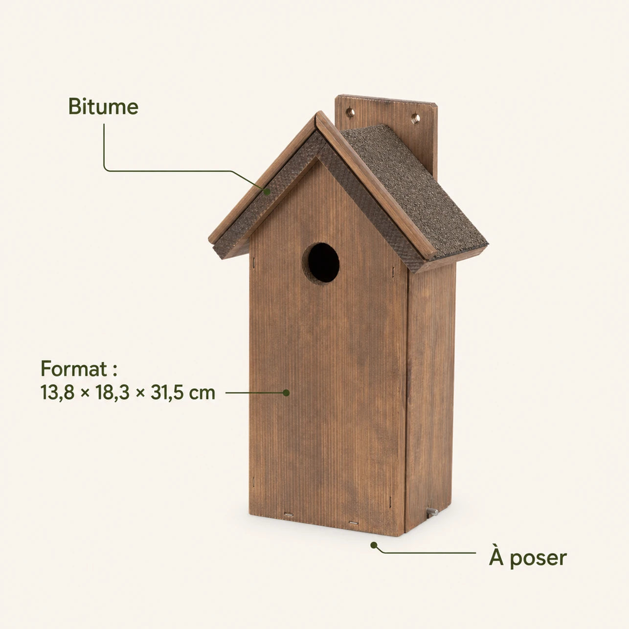 Nichoir à toit bitumé marron format 13,8 × 18,3 × 31,5 cm — photo 4