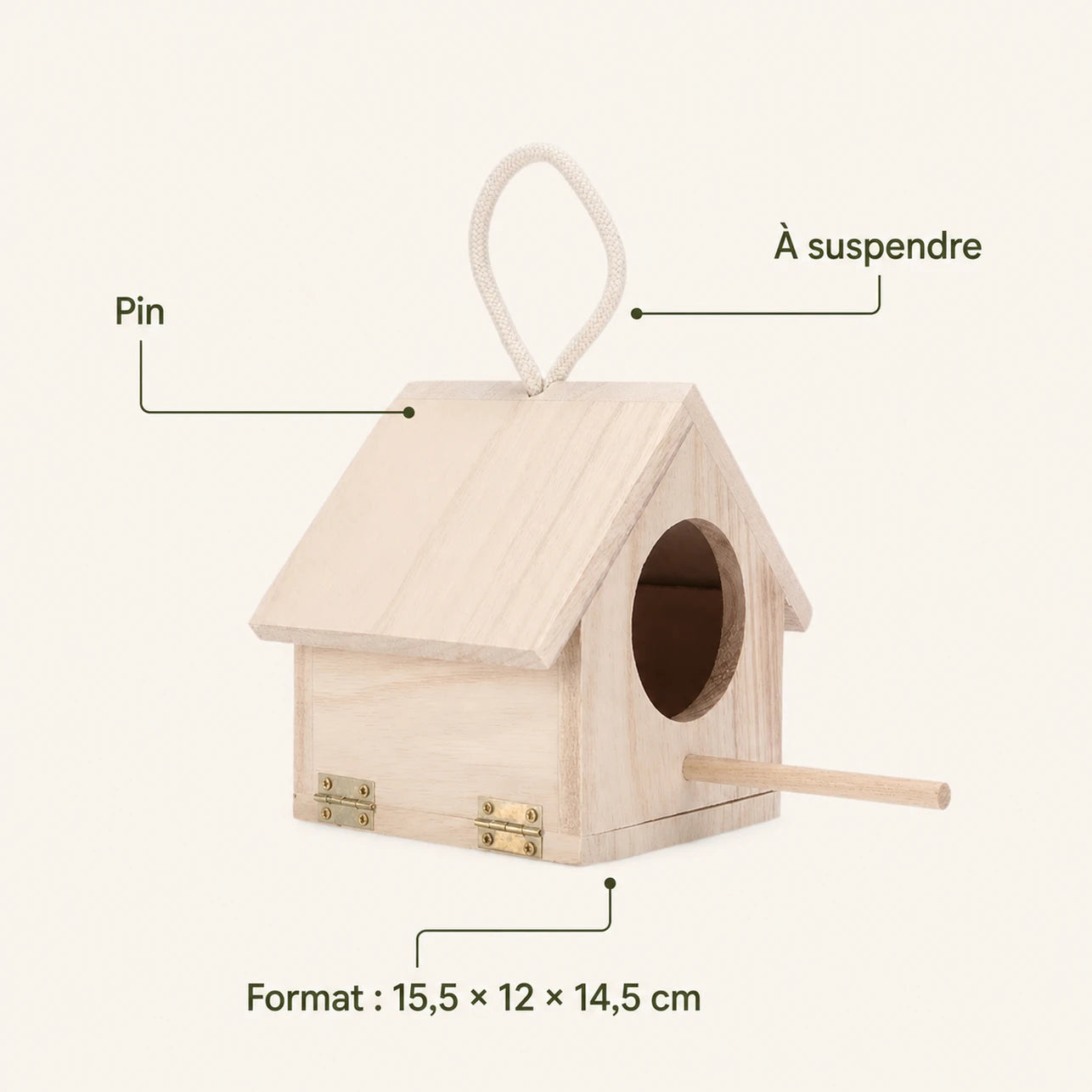 Nichoir suspendu en pin naturel format 15,5 × 12 × 14,5 cm — photo 4