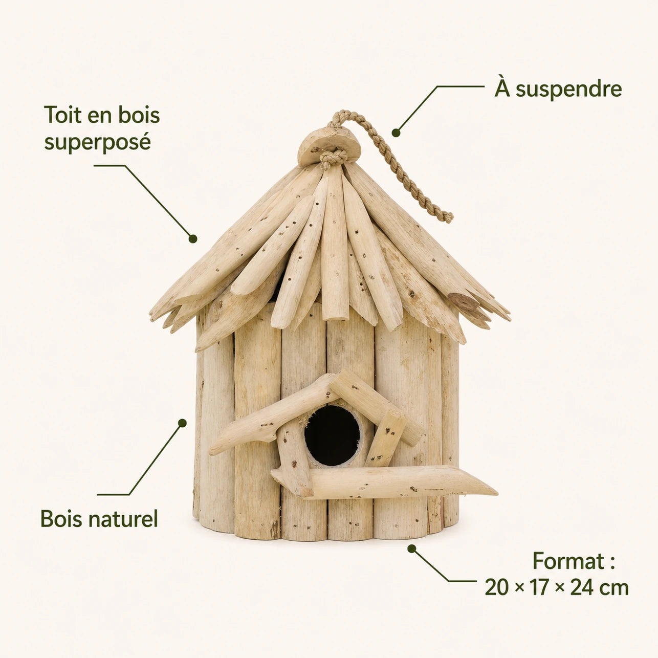 Nichoir suspendu en bois beige format 20 × 17 × 24 cm — photo 4