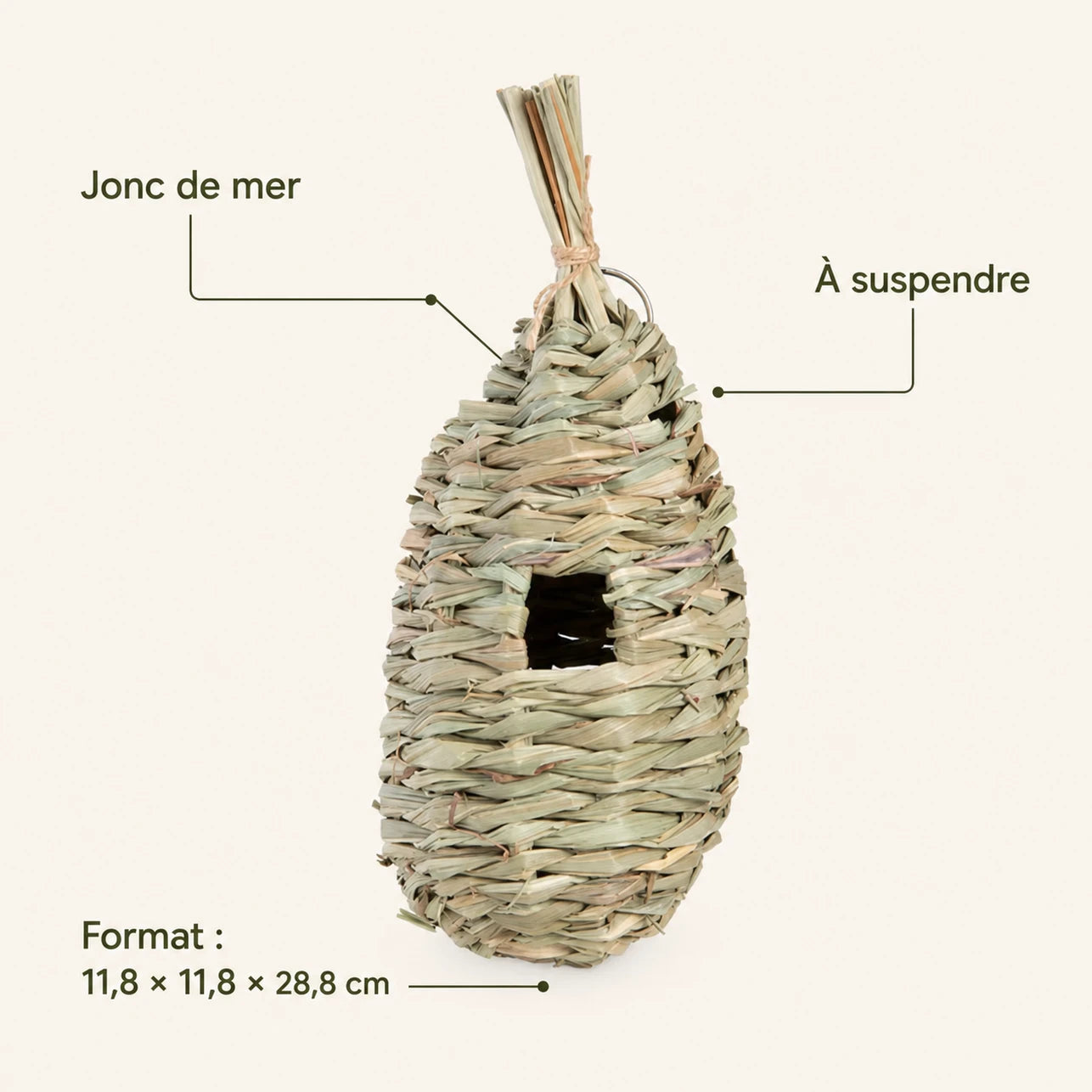 Nichoir en bois et jonc de mer bleu format 11,8 × 11,8 × 28,8 cm — photo 4
