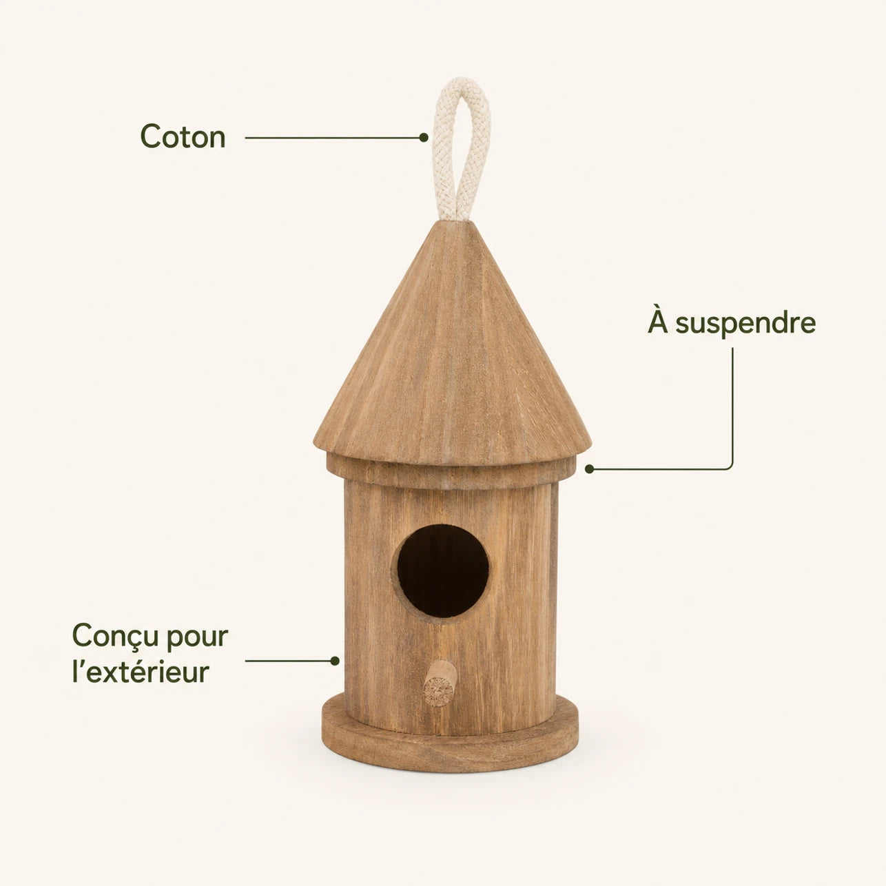 Nichoir suspendu cylindrique en bois à toit conique — photo 4