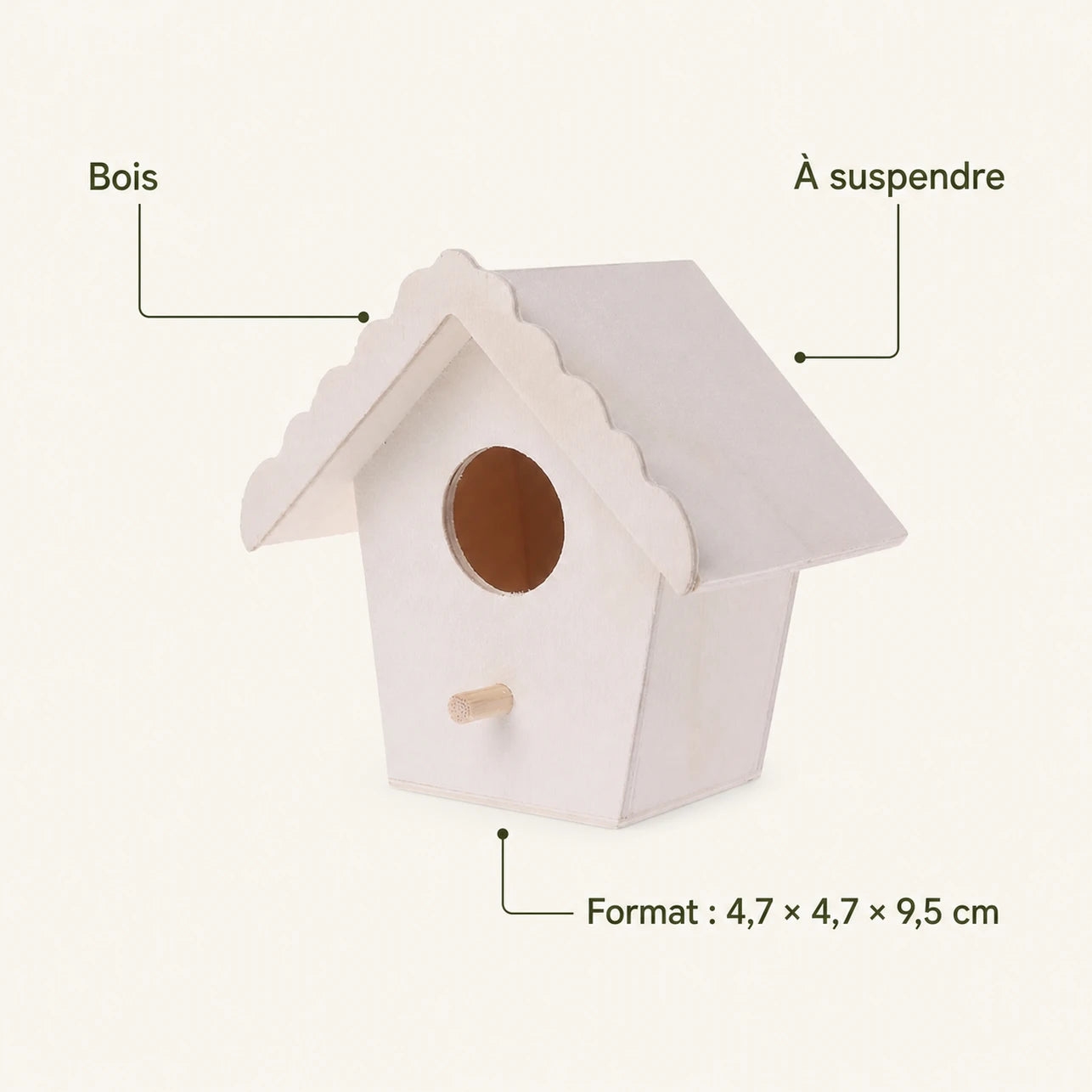 Nichoir en bois blanc format 4,7 × 4,7 × 9,5 cm — photo 4