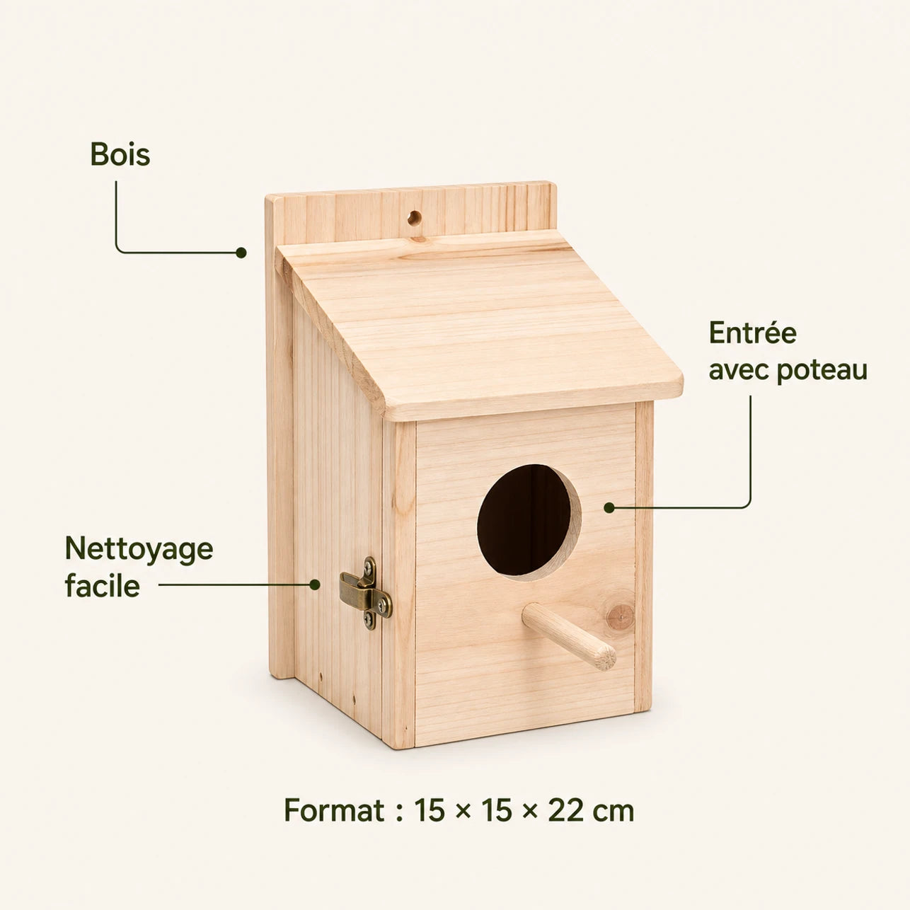 Nichoir suspendu en bois beige format 15 × 15 × 22 cm — photo 4