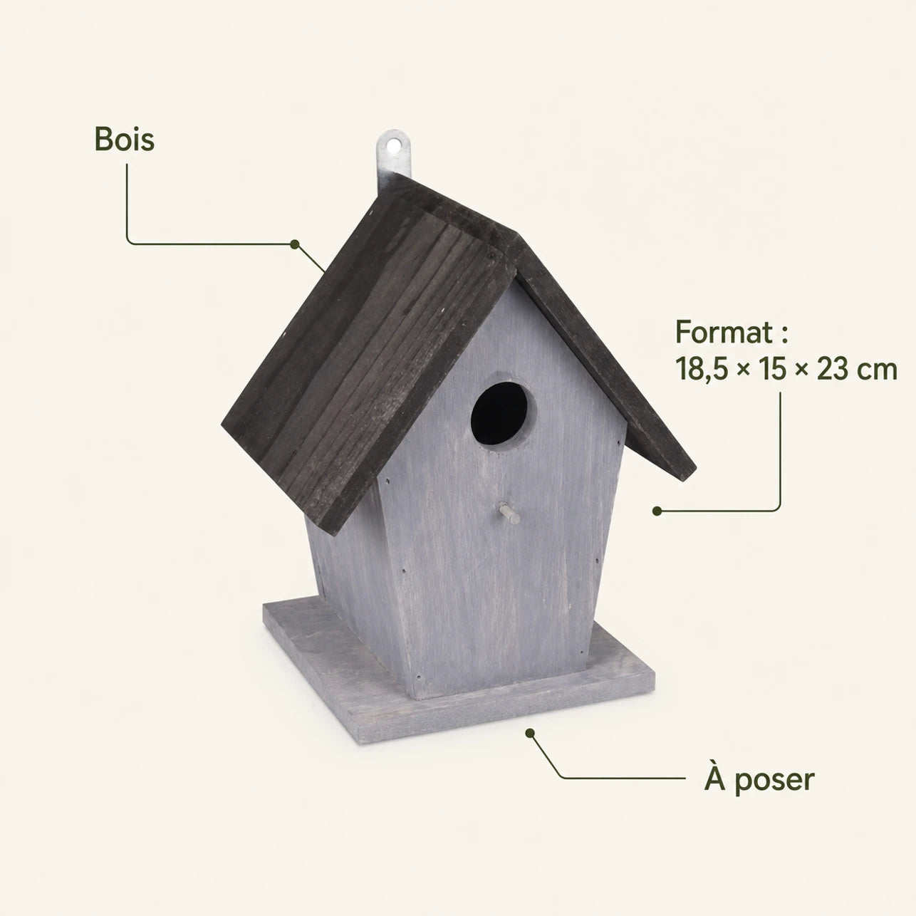 Nichoir style rétro en bois gris format 18,5 × 15 × 23 cm — photo 4