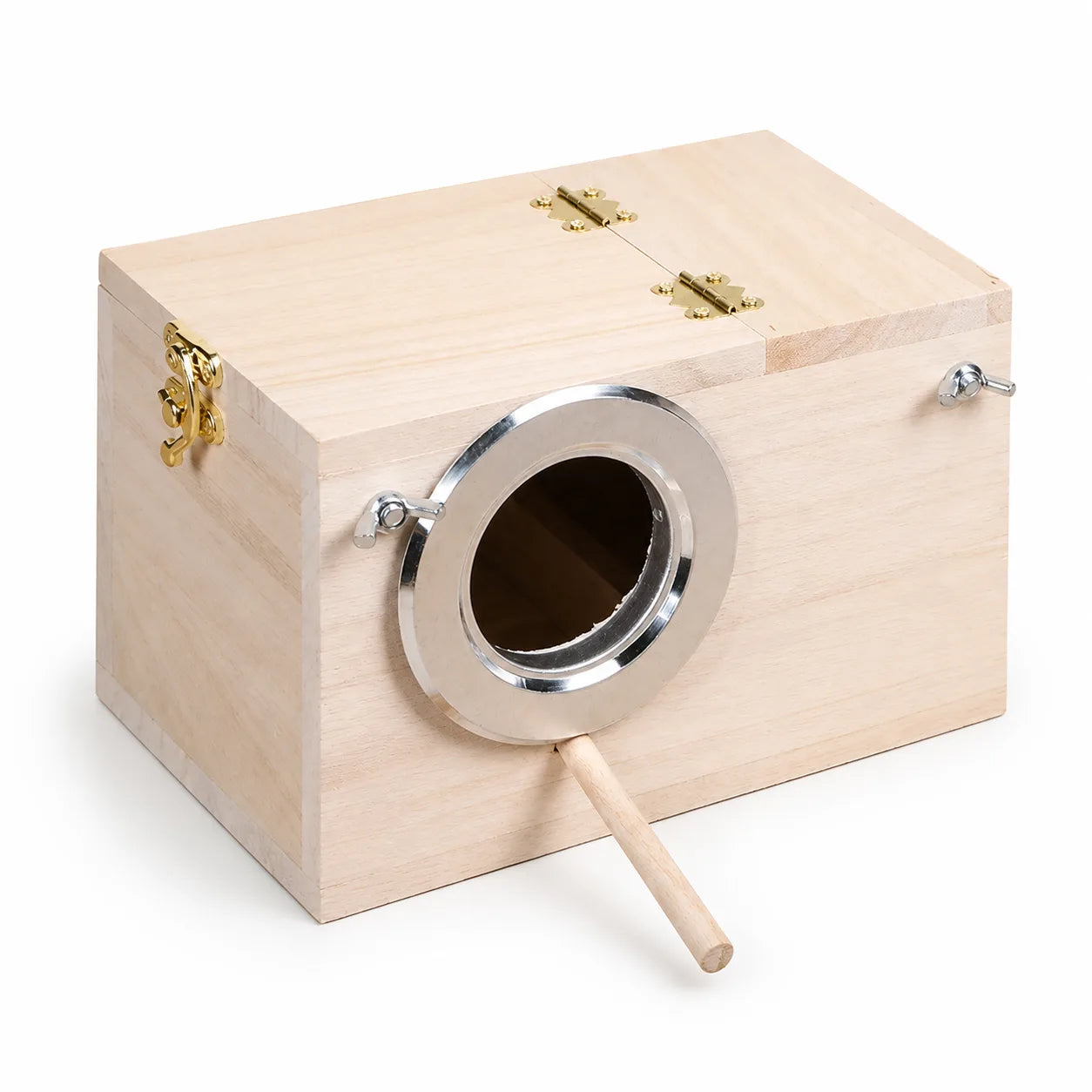 Nichoir en bois avec entrée cerclée de métal