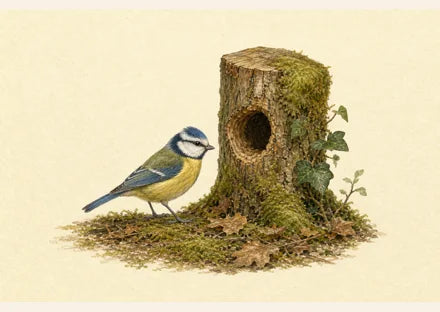 Mésange bleue observant une cavité naturelle dans un arbre