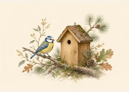 Mésange bleue devant un nichoir à petite ouverture